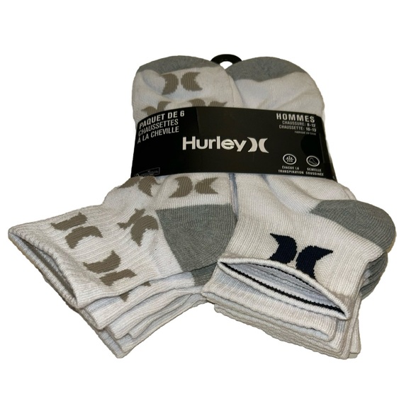 Hurley Quarter Crew Socks 6 Pair Men 8-12 White Gray w Mix Logo Surf RideCushion - Picture 9 of 10